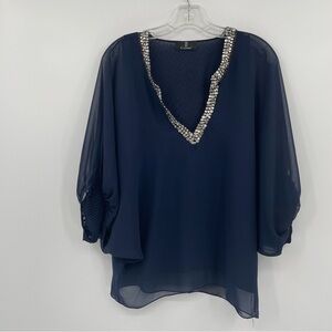 Casting Blouse - V-Neck, Jeweled Neckline, Blooming Sleeves - Blue & Silver - S